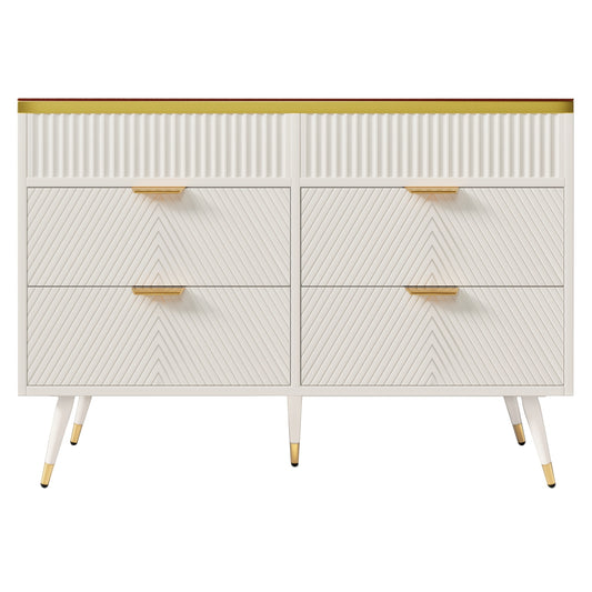 Ladekast – Kast – Commode – Opbergmeubel – Ladenkast – Wit met Amber Glas – Hardhouten Constructie – 6 Lades met Indeling – Anti-Kantel Veiligheid – 47,2 Kubieke Voet Opslag – 120 cm Hoog