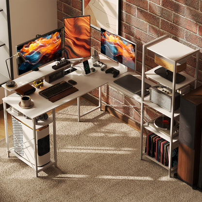 L-vormig Bureau – Hoekbureau – Computerbureau – Bureaumeubel – Werktafel – Geïntegreerd Oplaadstation – Monitorstandaard Met Opbergruimte – Wit
