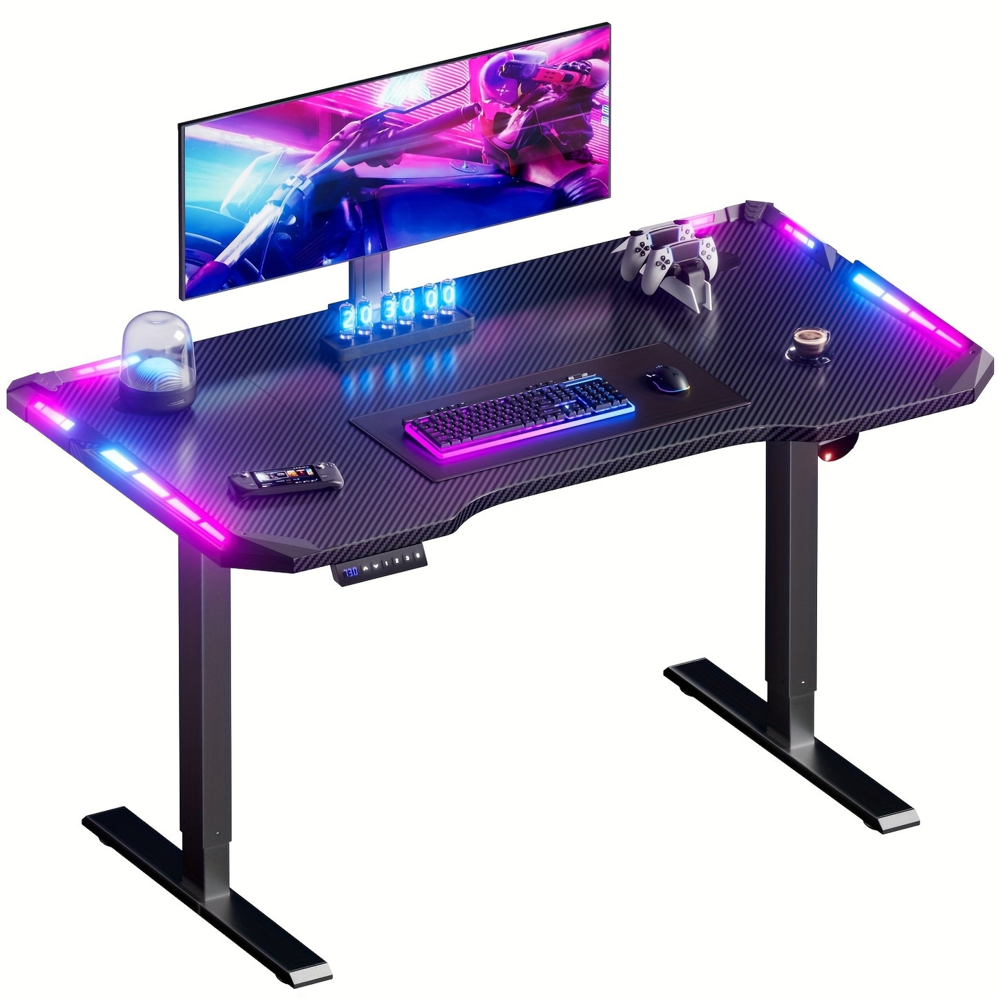 Elektrisch Verstelbaar Zit-Sta Bureau – Zit-Sta Tafel – Bureau Verstelbaar – Gaming Bureau – Thuiswerk Bureau – Carbon Fiber Tafelblad – RGB LED Verlichting – XXL Antislip Muismat – Hoofdtelefoonhaak – Verstelbaar 71-113 cm
