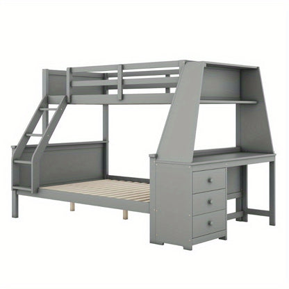 Stapelbed – Etagebed – Hoogslaper – Kinderbed – Slaapbank – Modern Grijs – Met Bureau en Opbergruimte – Veiligheidsreling – Ruimtebesparend Ontwerp