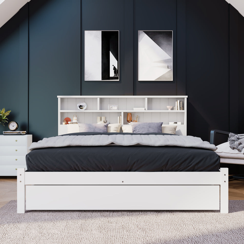 Beddenkasten – Bed Met Opbergruimte – Tweepersoonsbed – Ledikant – Slaapbank – Wit Modern Tweepersoonsbed 140x200 cm – Opberglades Onder Bed – Hoofdbord Met 6 Vakken