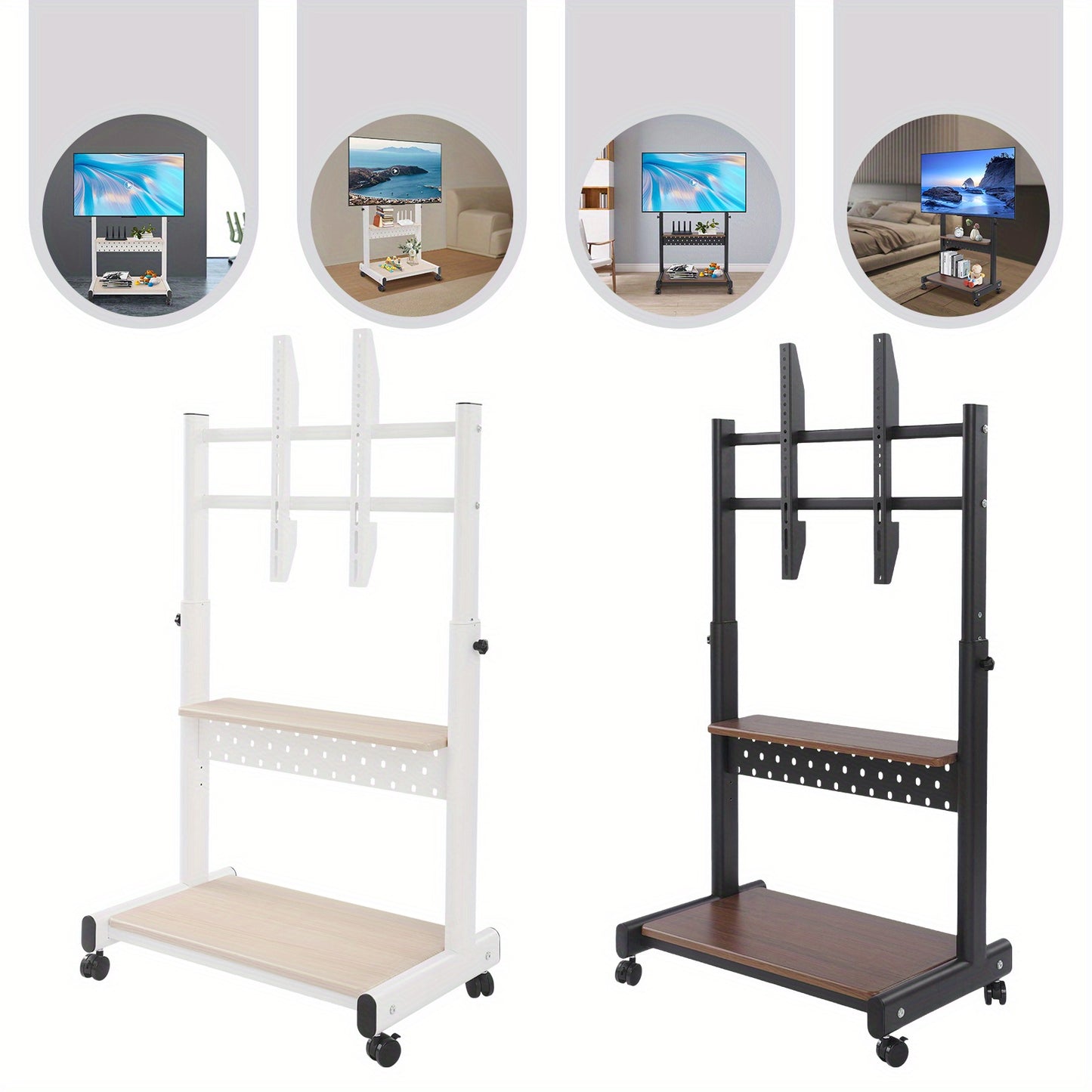 Verstelbare TV-standaard – TV-meubel – TV-houder – TV-onderstel – TV-rack – Zwenkwielen – Verstelbare Hoogte 108,5-128,5 cm – Zwart
