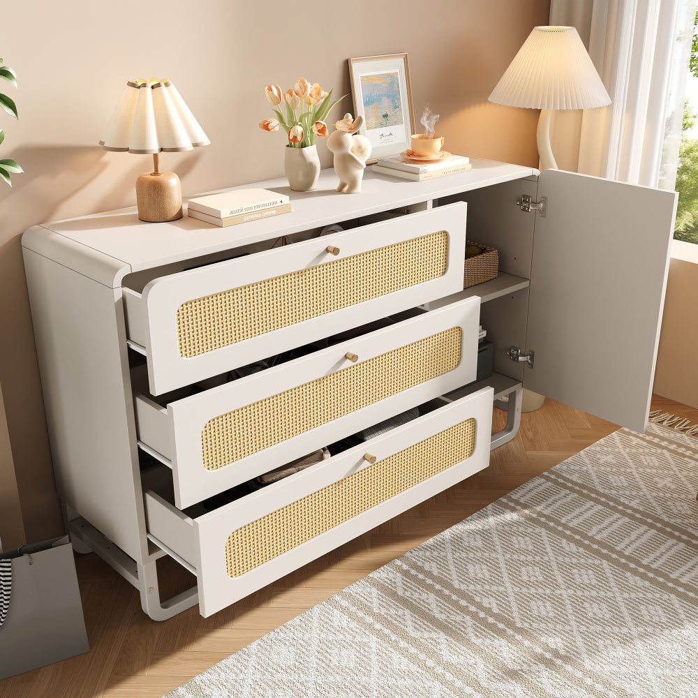 Dressoir – Sideboard – Opbergkast – Ladekast – Buffetkast – Modern Design – Vlechtwerk Met Gouden Accenten – 3 Lades & Deur – Verstelbare Planken – Anti-Kantelbeveiliging – Ruimtebesparend 120x85x40 cm