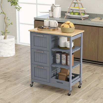 Keukentrolley – Keukenkast – Serveerwagen – Opbergtrolley – Keukenrek – Mobiel met Wieltjes – Rubberwood Werkblad – 3 Lades & Afneembare Planken