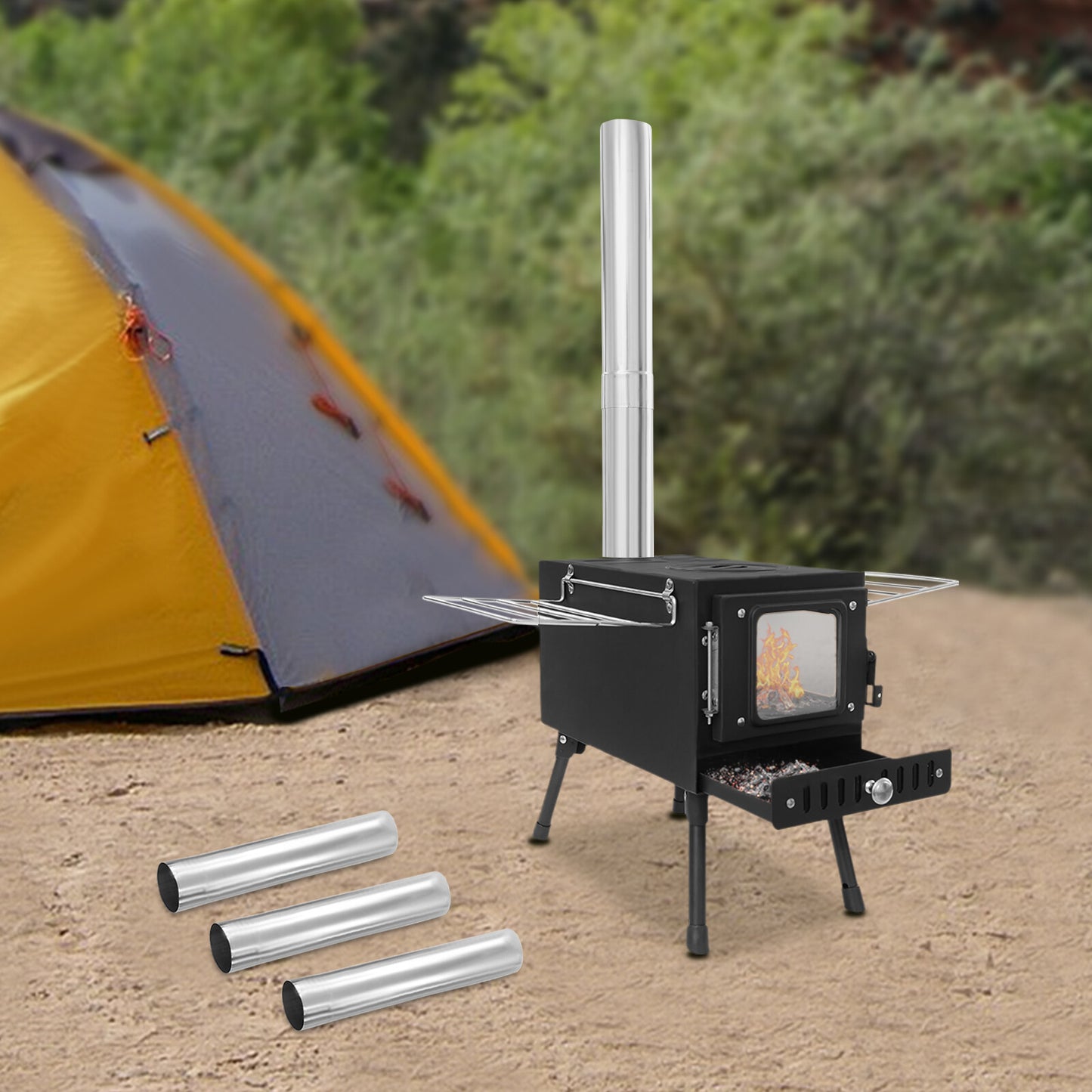 Portable Tent Stove, Featuring a 4.4-foot Chimney System and 201 Stainless Steel Wood-burning Stove, Ideal for Camping and Outdoor Cooking, Complete with Foldable Stand.