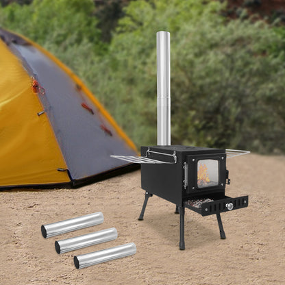 Portable Tent Stove, Featuring a 4.4-foot Chimney System and 201 Stainless Steel Wood-burning Stove, Ideal for Camping and Outdoor Cooking, Complete with Foldable Stand.