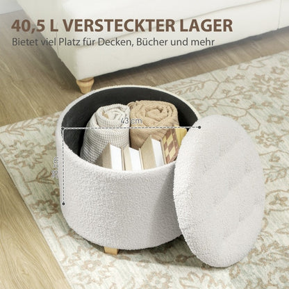 Opbergpoef – Opbergkoffer – Zitbankje – Voetenbank – Poef – Rond Design – Wit Met Houten Poten – Met Deksel