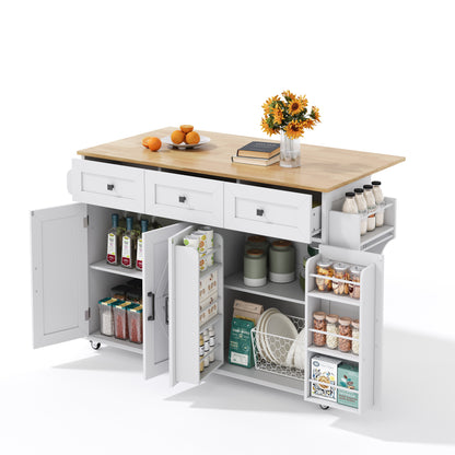 Keukenwagen – Keukentrolley – Keukenkar – Keukenmeubel – Keukenblad – Uitklapbaar Werkblad 70 cm – Witte MDF Mobiele Keukenwagen Met 4 Deuren en 3 Lade