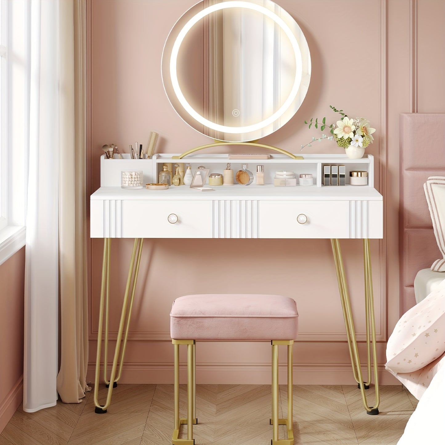 Make-up Tafel – Kaptafel – Dressoir – Make-up Bureau – Vanity – Mat Wit & Goud – LED Spiegel Met Verlichting – 40x90x140 cm – Inclusief Roze Krukje