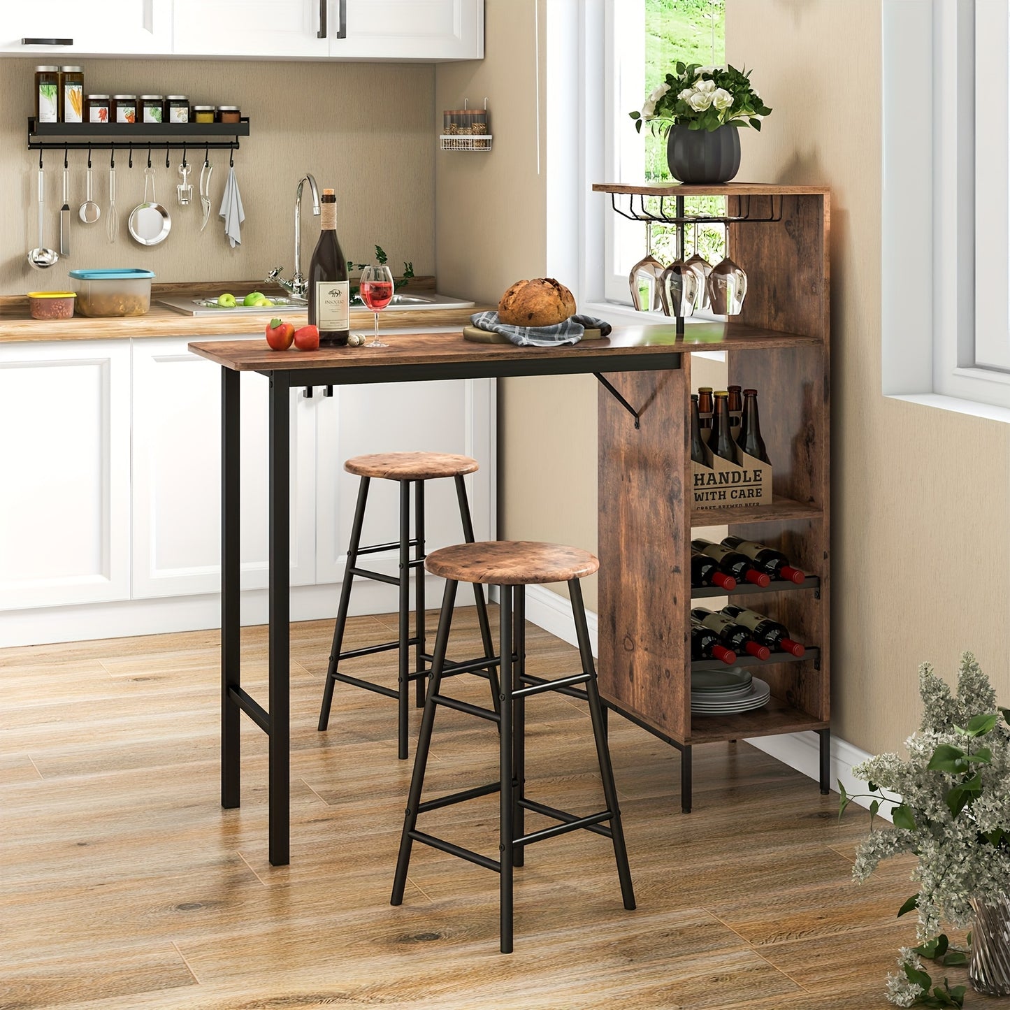 Barset – Barkrukken – Bartafel – Bistroset – Pubtafel – Vintage Bruin – Industriële Stijl – MDF Met Metaal – Inclusief Wijnrek Voor 6 Flessen