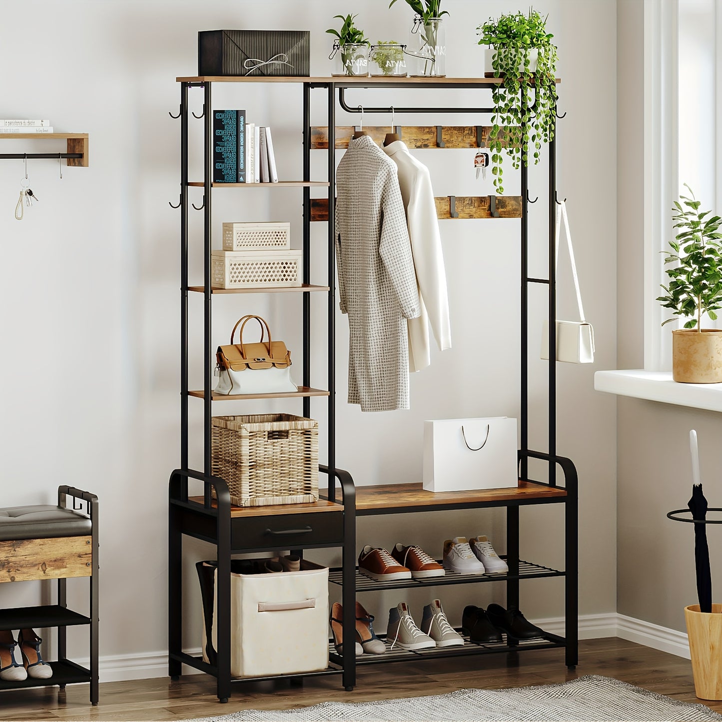 Hall Tree, Coat Rack With 3-Tier Storage Bench And 1 Drawer, 5-in-1 Entryway Bench With 17 Hooks, 1 Hanging Rod, 4-Tier Side Shelves, Rustic Brown
