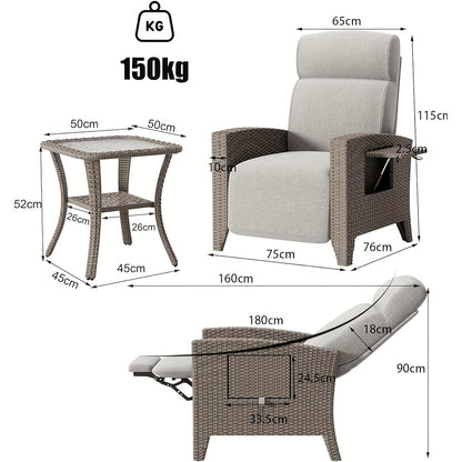 2pcs Brown PE Rattan Sofa Set with Coffee Table & Dust Cover - All-Weather Outdoor Furniture, 160° Flat Recline & Extendable Footrest, Cushioned Comfort, UV-Resistant Wicker Patio Lounge Set for Balcony, Garden, Poolside - E