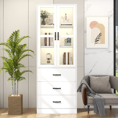Vitrinekast – Glazen Kast – Opbergkast – Wandvitrine – Standkast – Wit – 200 cm Hoog – 3 Lades & Verstelbare Planken