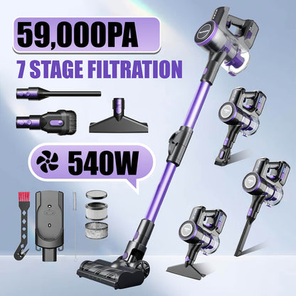 Draadloze Handstofzuiger – Steelstofzuiger – Kruimeldief – Mobiele Stofzuiger – Handheld Cleaner – Paars – 59 kPa Zuigkracht – 7-traps Filtratiesysteem