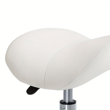 Draaibare Kruk – Zadelkruk – Bureaustoel – Verrijdbare Stoel – Werkkruk – Ergonomisch Zadel – Hoogte Verstelbaar – Witte Kunstleren Bekleding – 5 Zwenkwielen – Chroom Frame
