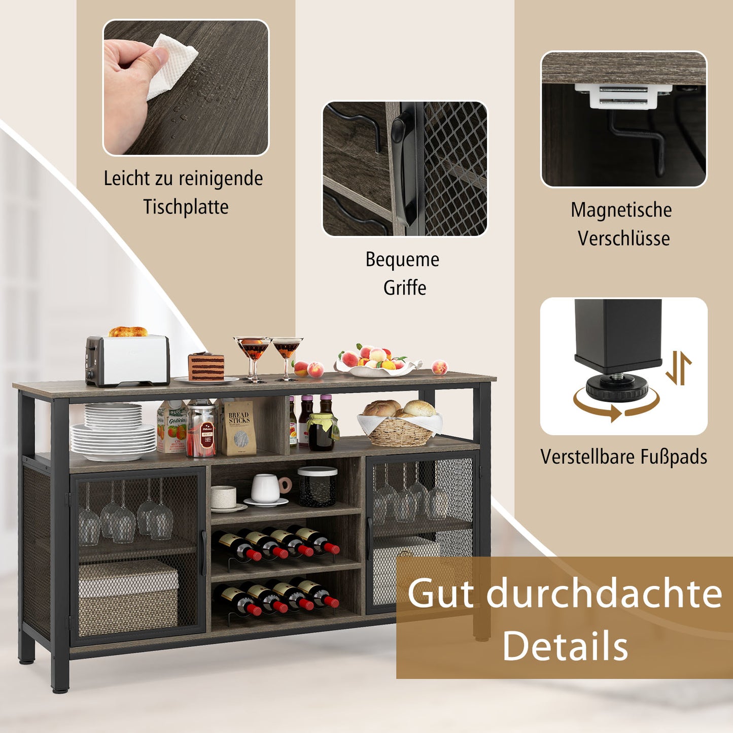 Keukenbuffet – Dressoir – Barkast – Wijnkast – Opbergkast – Ruimte voor 8 flessen – Glazenhouder voor 6 rijen – Metalen gaasdeuren – Verstelbare voetjes – Grijs/Zwart