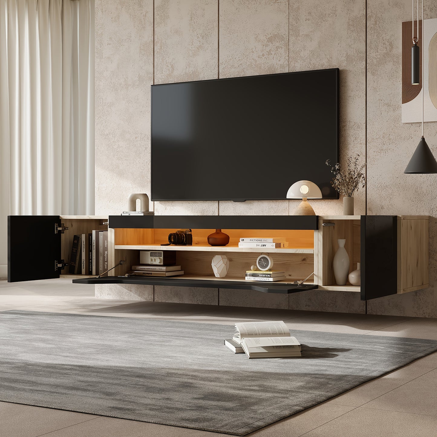 Modern Floating Wall-Mounted TV Stand with 3 Storage Compartments & Low Panel - Heavy-Duty Metal Construction, Space-Saving Design for 75-Inch TVs, Black & Natural Wood Finish, Minimalist Entertainment Center for Living Room,