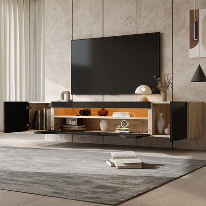 Modern Floating Wall-Mounted TV Stand with 3 Storage Compartments & Low Panel - Heavy-Duty Metal Construction, Space-Saving Design for 75-Inch TVs, Black & Natural Wood Finish, Minimalist Entertainment Center for Living Room,
