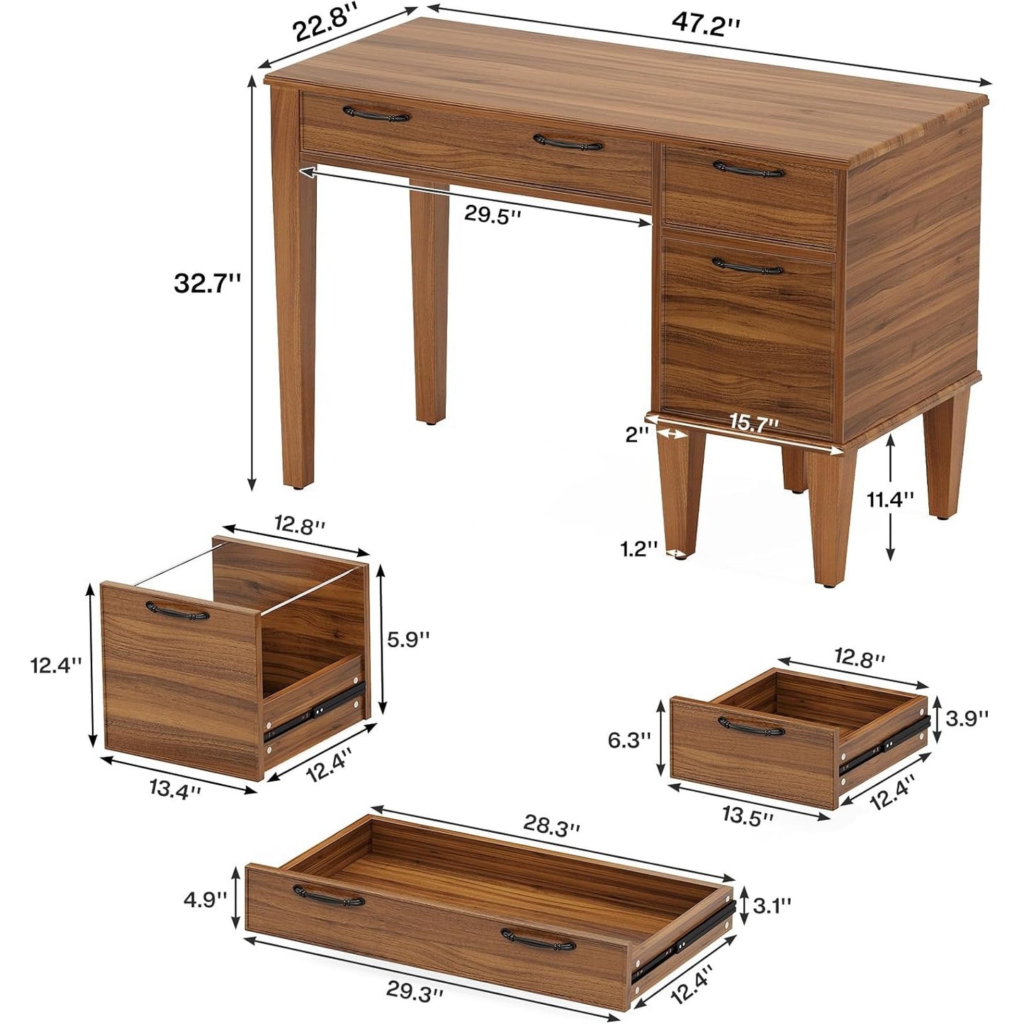 Bureau – Computertafel – Schrijftafel – Werktafel – Bureaus – 119,4 cm – MDF Engineered Wood – 3 Lades – Verstelbare Voetjes – Farmhouse Stijl – Compact en Stabiel