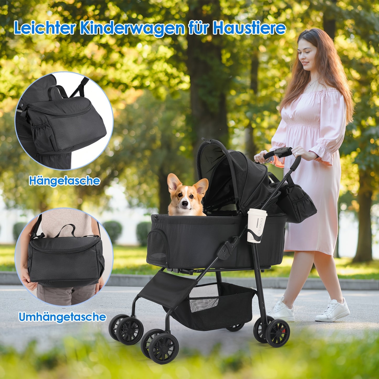 Hondenbuggy – Hondenwagen – Hondenkar – Dierenwagen – Huisdierenwagen – Tot 30 kg Draagvermogen – 360° Draaibare Dubbele Wielen – Inklapbaar – Oxford Stof
