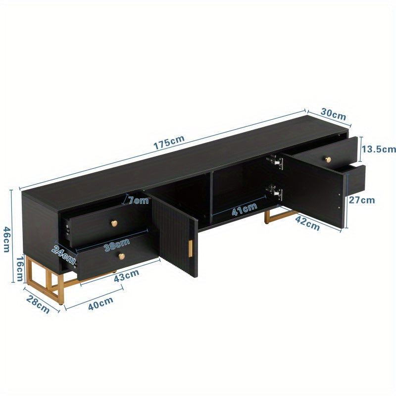 TV-kast – Tv-meubel – Mediameubel – Dressoir – Opbergkast – Modern Design – Zwart MDF Met Gouden Handgrepen – 178 cm Breed – 4 Lades + 2 Deuren