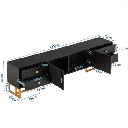 TV-kast – Tv-meubel – Mediameubel – Dressoir – Opbergkast – Modern Design – Zwart MDF Met Gouden Handgrepen – 178 cm Breed – 4 Lades + 2 Deuren