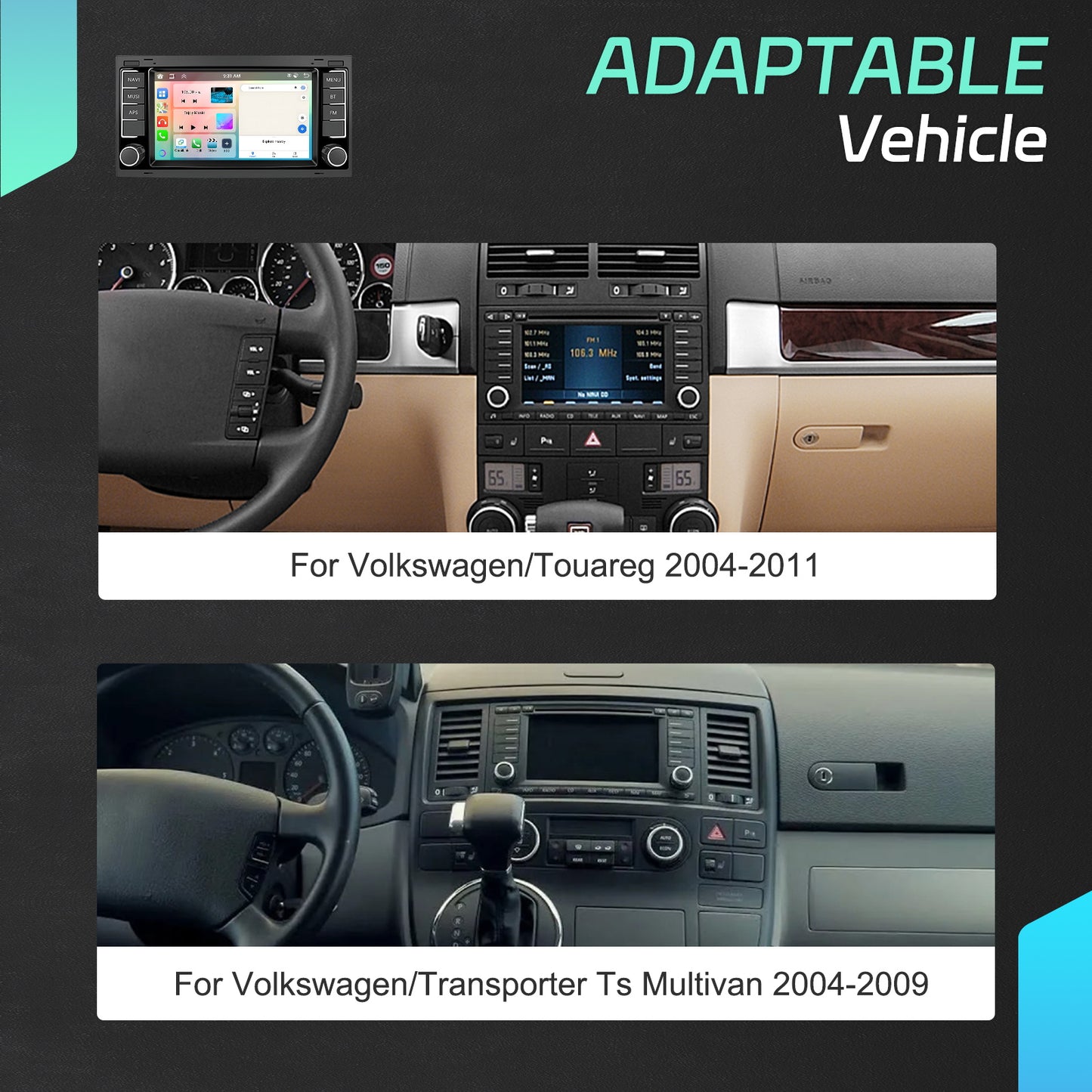 8-Core [6+128] Android 15 Touchscreen Car Stereo for VW Touareg T5 Multivan (2004-2009) - Wireless CarPlay, Android Auto, Bluetoo, DSP, GPS, WiFi, FM/ RDS & Backup Cam Compatible