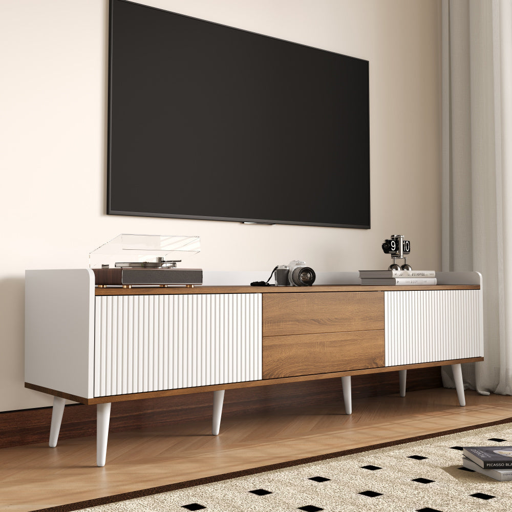 TV cabinet, TV table, TV stand, three door cabinet, compact design, white and natural wood grain finish, height 49.5cm * length 160cm * width 39cm,  Media Storage, Sleek Cabinet, Modern Design, Easy Assembly, Console Table, D