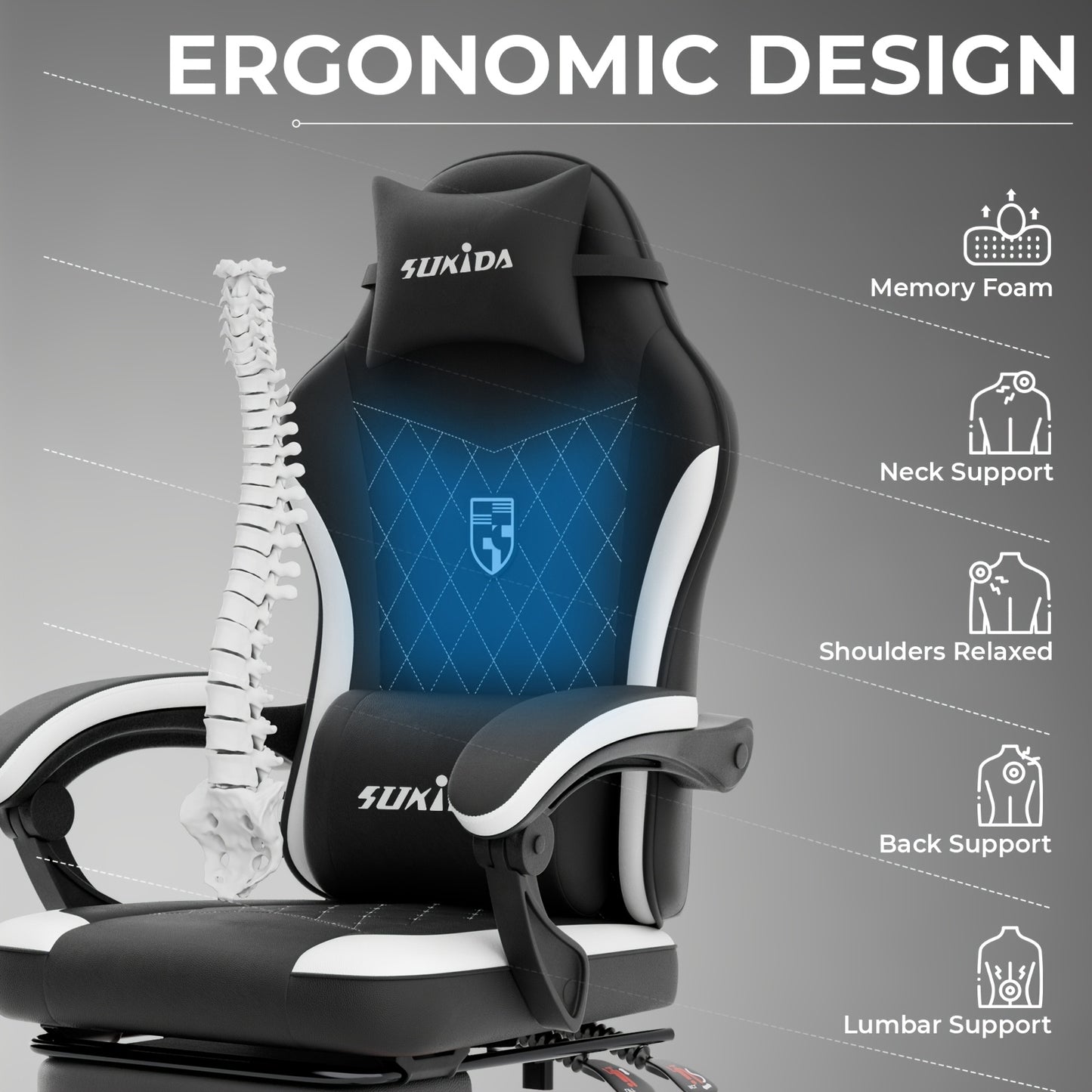 Gamingstoel – Bureaustoel – Gamestoel – Stoel Met Voetensteun – Ergonomische Stoel – Memory Foam Zitting – Instelbare Rugleuning – Zwart-Wit