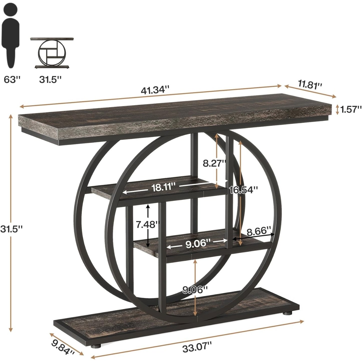 Consoletafel – Sidetable – Sofa Tafel – Haltafel – Accent Tafel – Industrieel Design – 41,3 Inch – Vier Ladeplanken – Hout Metaal – Charcoal Zwart