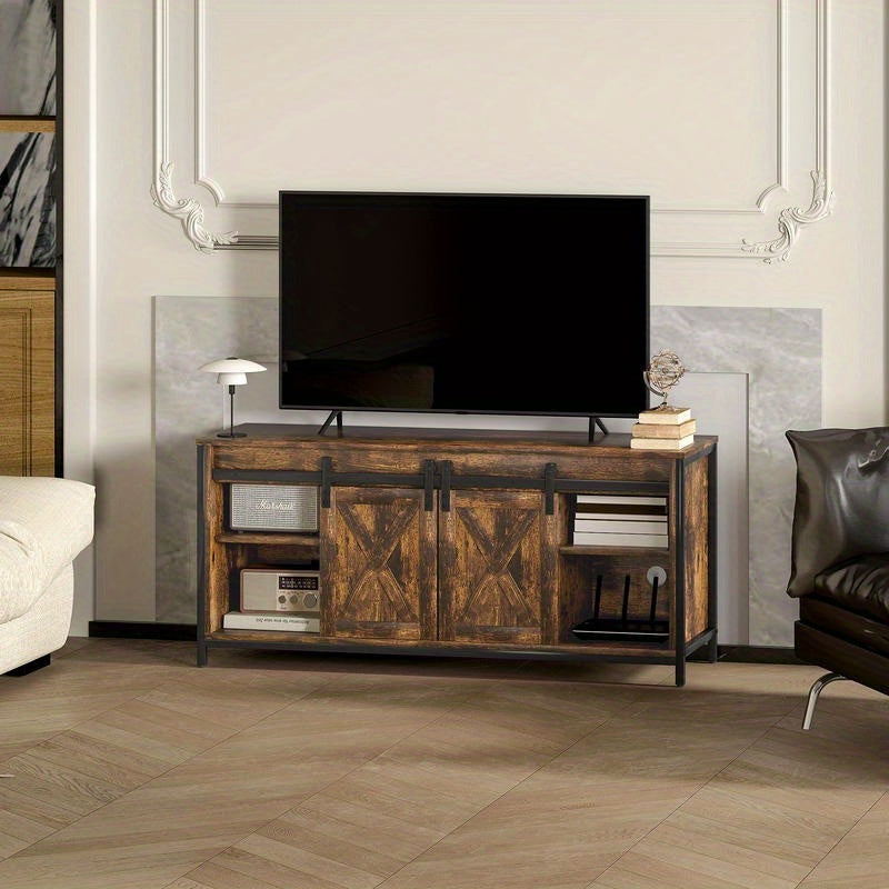 Tv-meubel – Tv-standaard – Tv-kast – Media Console – Tv-dressoir – Industrieel Modern – Houten Massief Hardhout – 6 Vakken Met Schuifdeuren