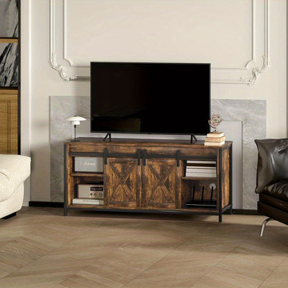 Tv-meubel – Tv-standaard – Tv-kast – Media Console – Tv-dressoir – Industrieel Modern – Houten Massief Hardhout – 6 Vakken Met Schuifdeuren