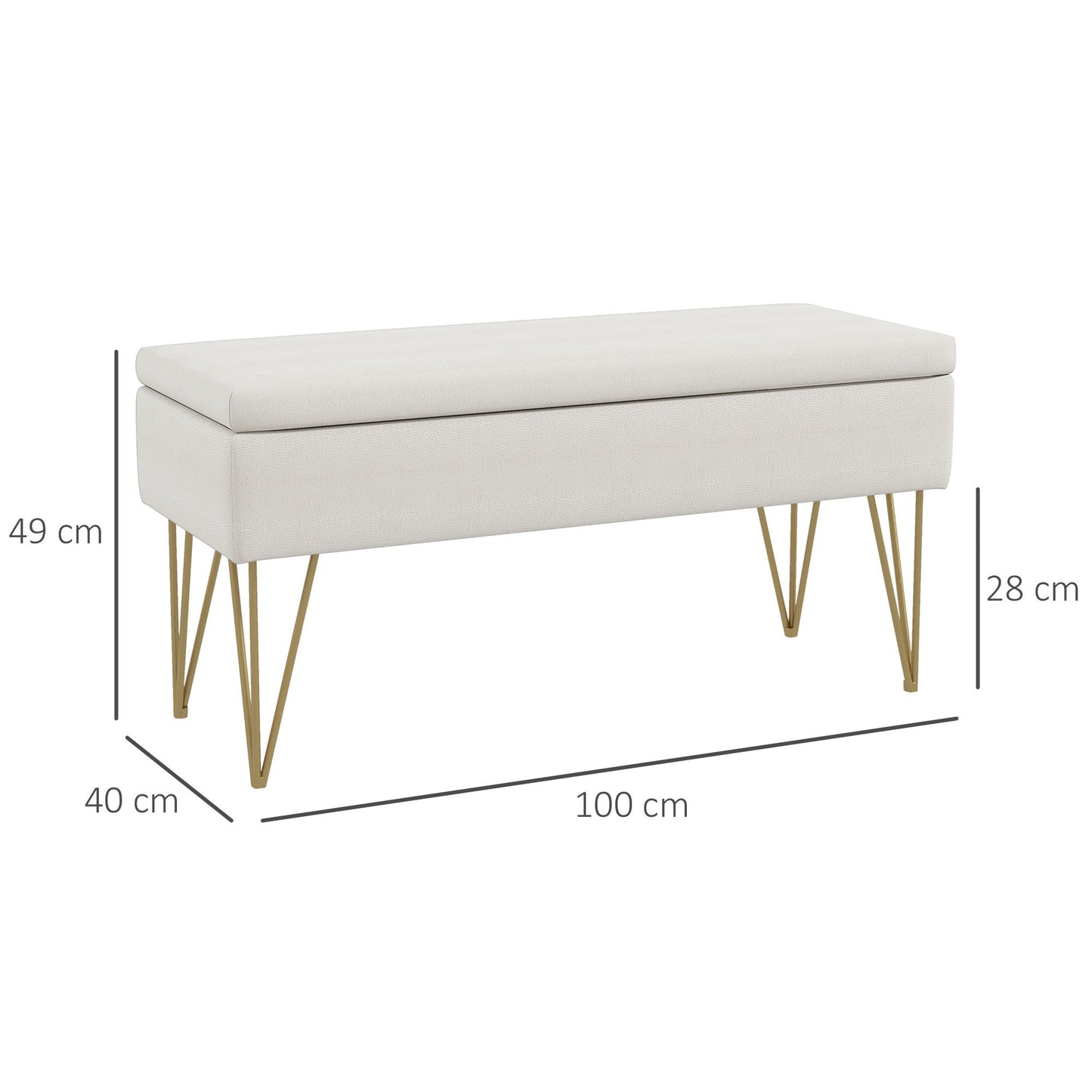 Opbergbank – Bergbank – Opbergkist – Poef – Zitbank – Linnenstof Creme – Met Gouden Metalen Poten – 100x40x49 cm – Met Opbergruimte