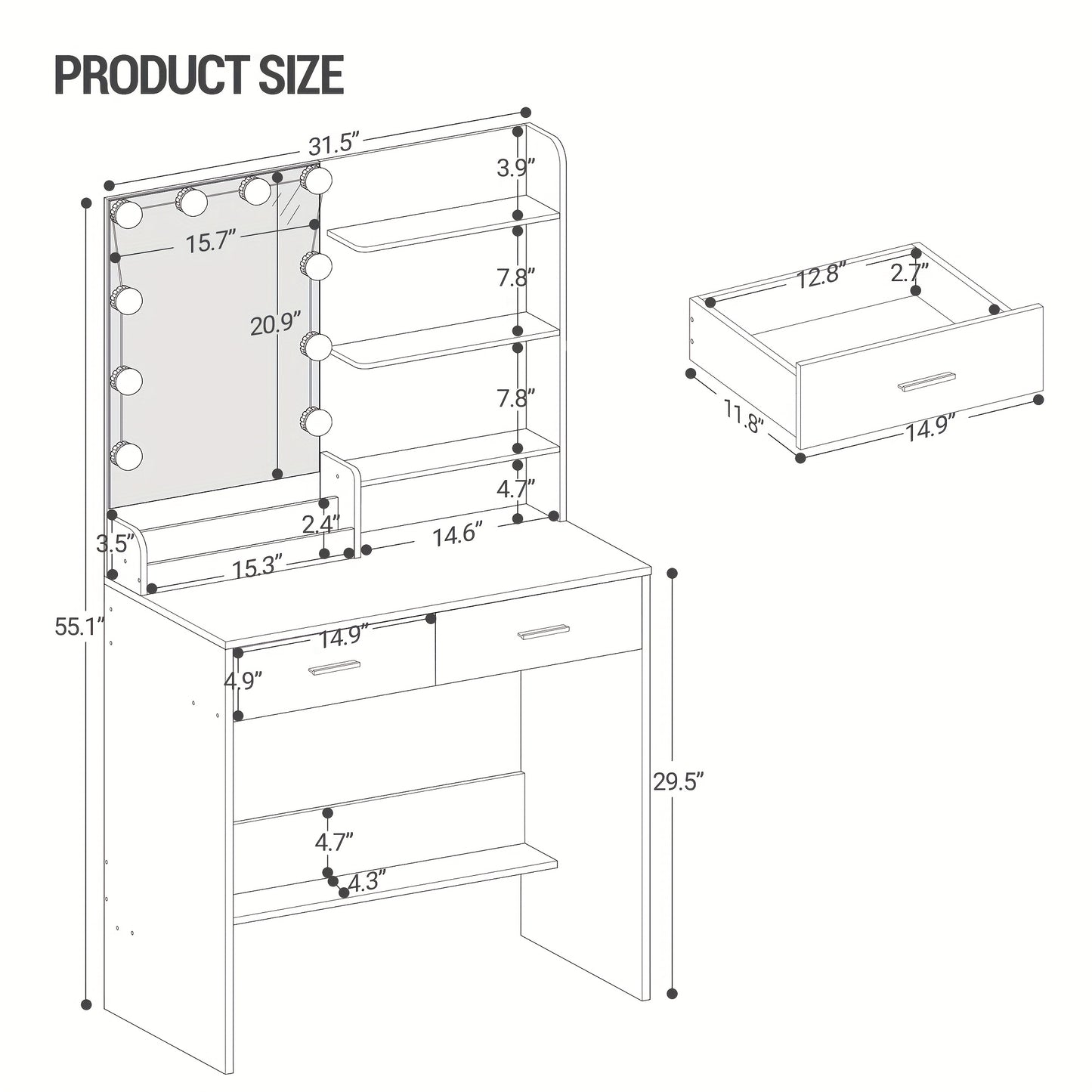 Make-uptafel – Schminktafel – Make-up Bureau – Kaptafel – Wit – LED-verlichting met instelbare helderheid – 2 Laden en 4 Open Vakken