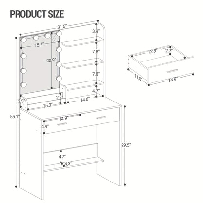 Make-uptafel – Schminktafel – Make-up Bureau – Kaptafel – Wit – LED-verlichting met instelbare helderheid – 2 Laden en 4 Open Vakken