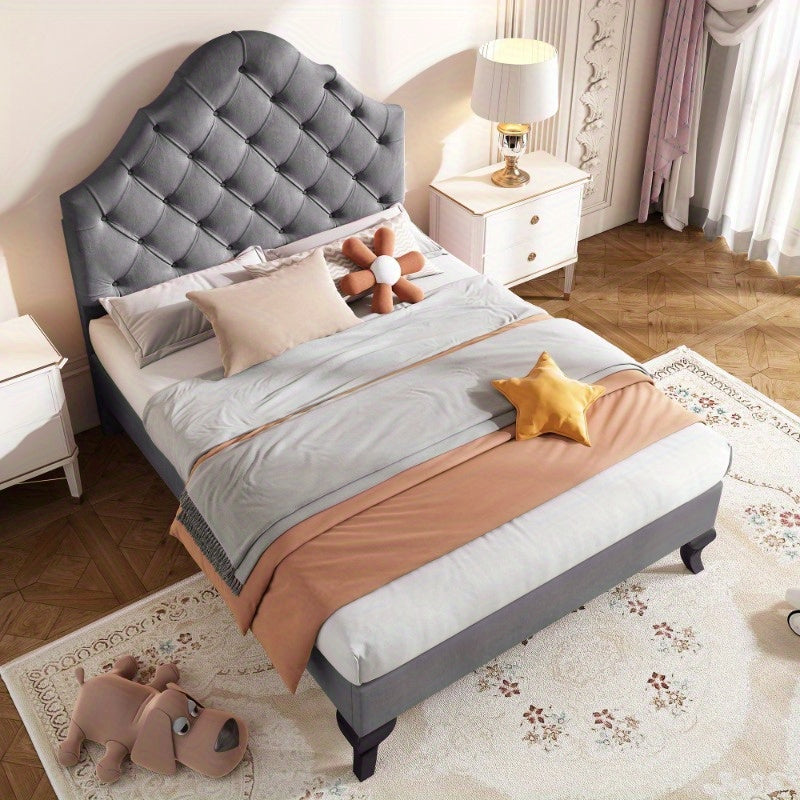 Grijs Fluwelen Bed – Eenpersoonsbed – 1-Persoonsbed – Bedframe – Slaapbed – Verstelbare Hoofdbord – Lattenbodem – 90x200 cm – Eenvoudige Montage