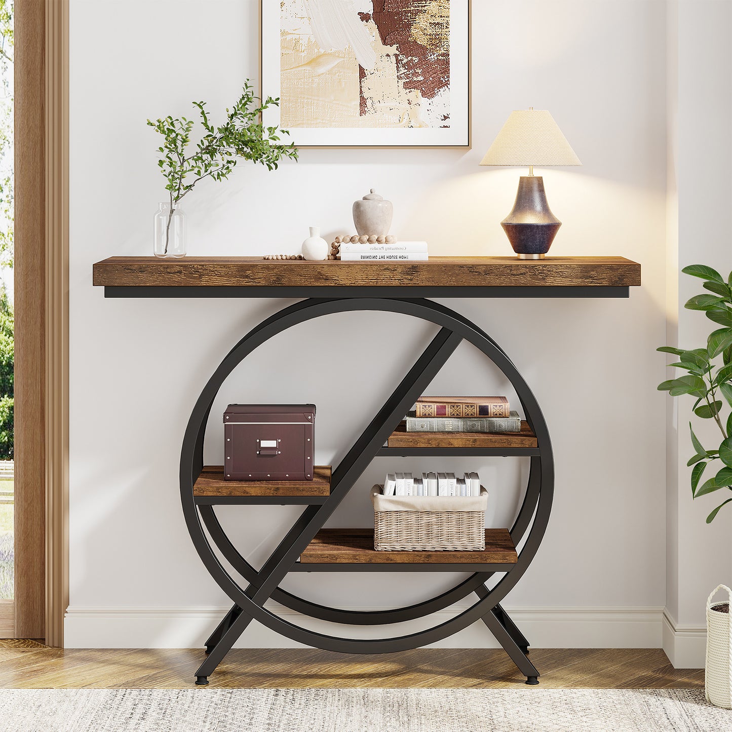Sidetable – Consoletafel – Haltafel – Wandtafel – Bijzettafel – Rustiek Bruin – 100 cm Smal – Met Metalen Frame & 4 Dikke Opbergniveaus