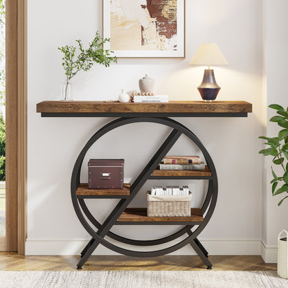 Sidetable – Consoletafel – Haltafel – Wandtafel – Bijzettafel – Rustiek Bruin – 100 cm Smal – Met Metalen Frame & 4 Dikke Opbergniveaus