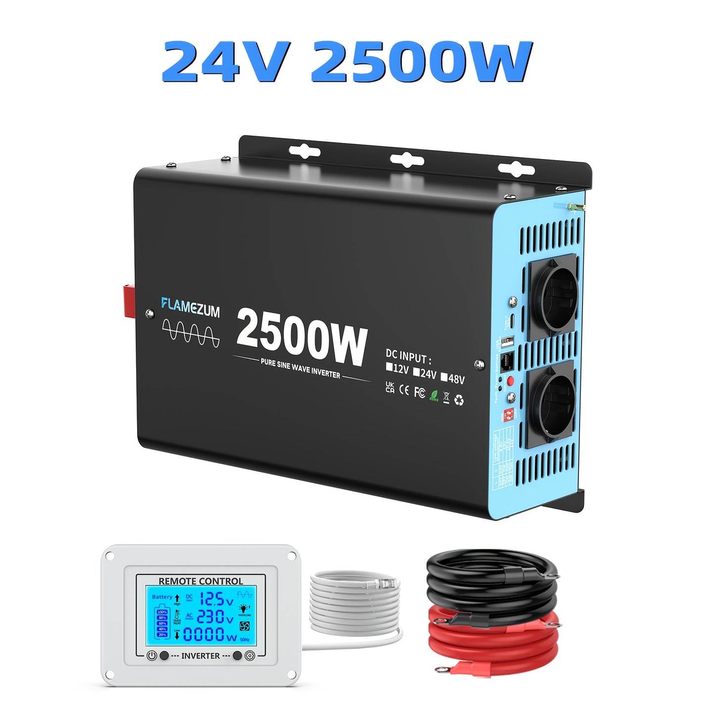 Omvormer 12V naar 230V – Stroomomzetter – Spanning Inverter – DC naar AC Converter – Zuivere Sinusgolf Omvormer – 2500W Continu Vermogen – LCD Display & Afstandsbediening
