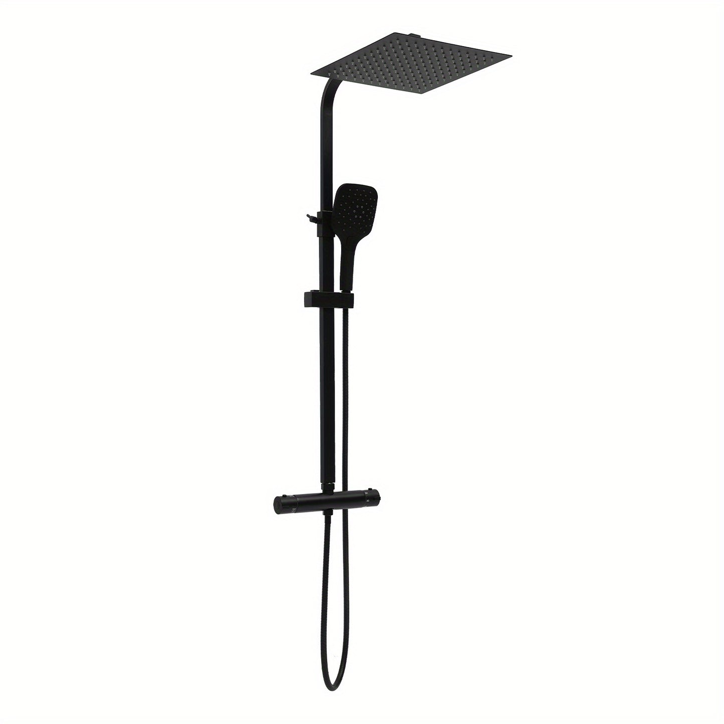 TOOL1SHOOO Black Shower System 3-Mode Handheld Shower Head 360° Rotatable Overhead Shower Head Thermostatic Control Adjustable Track Height Spring Hose 149.35 cm Modern Bathroom