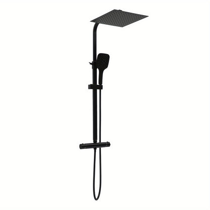 TOOL1SHOOO Black Shower System 3-Mode Handheld Shower Head 360° Rotatable Overhead Shower Head Thermostatic Control Adjustable Track Height Spring Hose 149.35 cm Modern Bathroom
