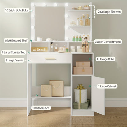 Kaptafel – Make-up Tafel – Cosmeticatafel – Opmaaktafel – Dressing Table – Met Spiegel en 10 LED-lampen – 3 Verstelbare Lichtstanden en Veel Opbergruimte