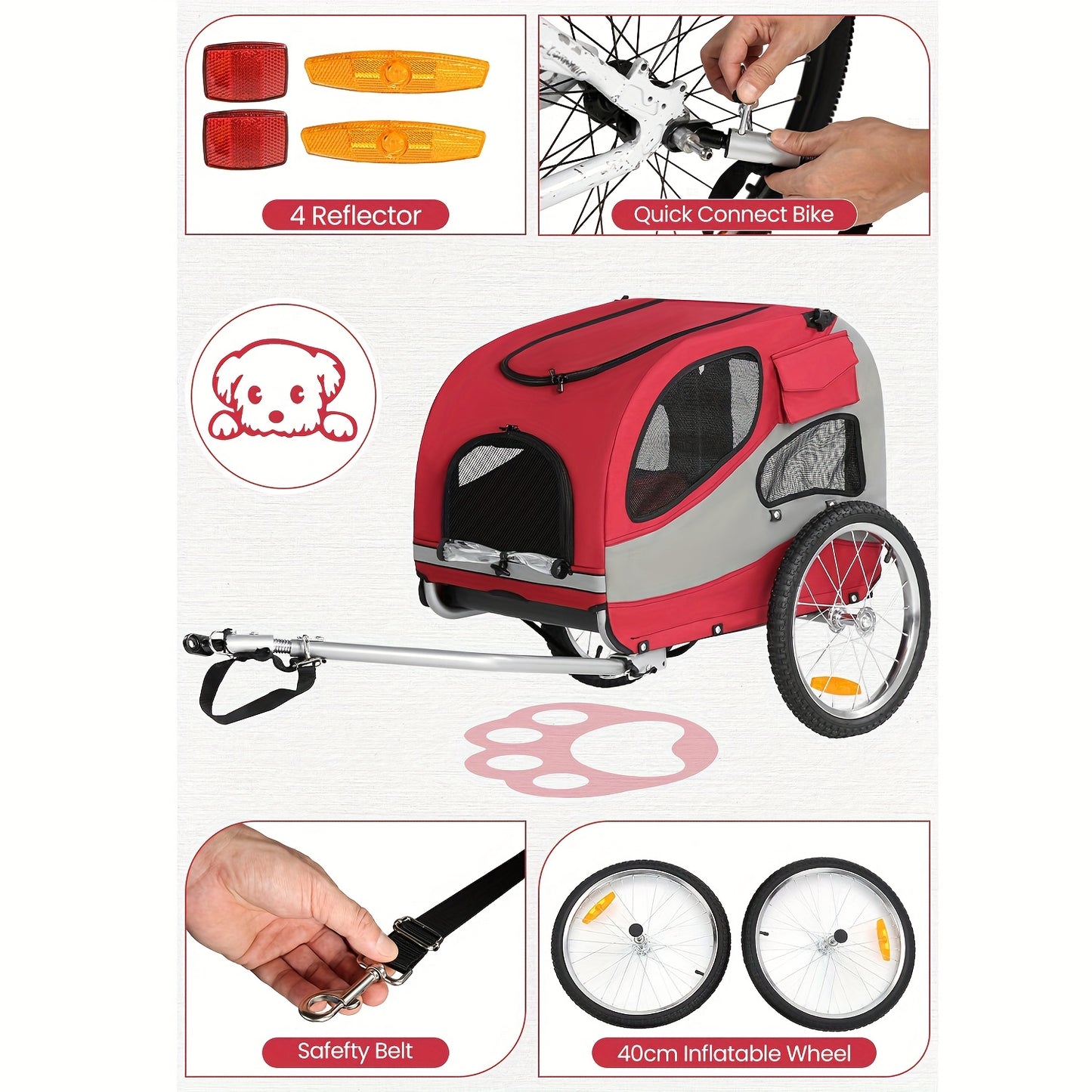 Fietskar Honden – Hondenkar – Fietsaanhanger Hond – Hondentrailer – Fietskooi Honden – Opvouwbaar – Veilig Met Reflectoren – Voor Kleine En Middelgrote Honden – Met Zacht Kussen – Rood M