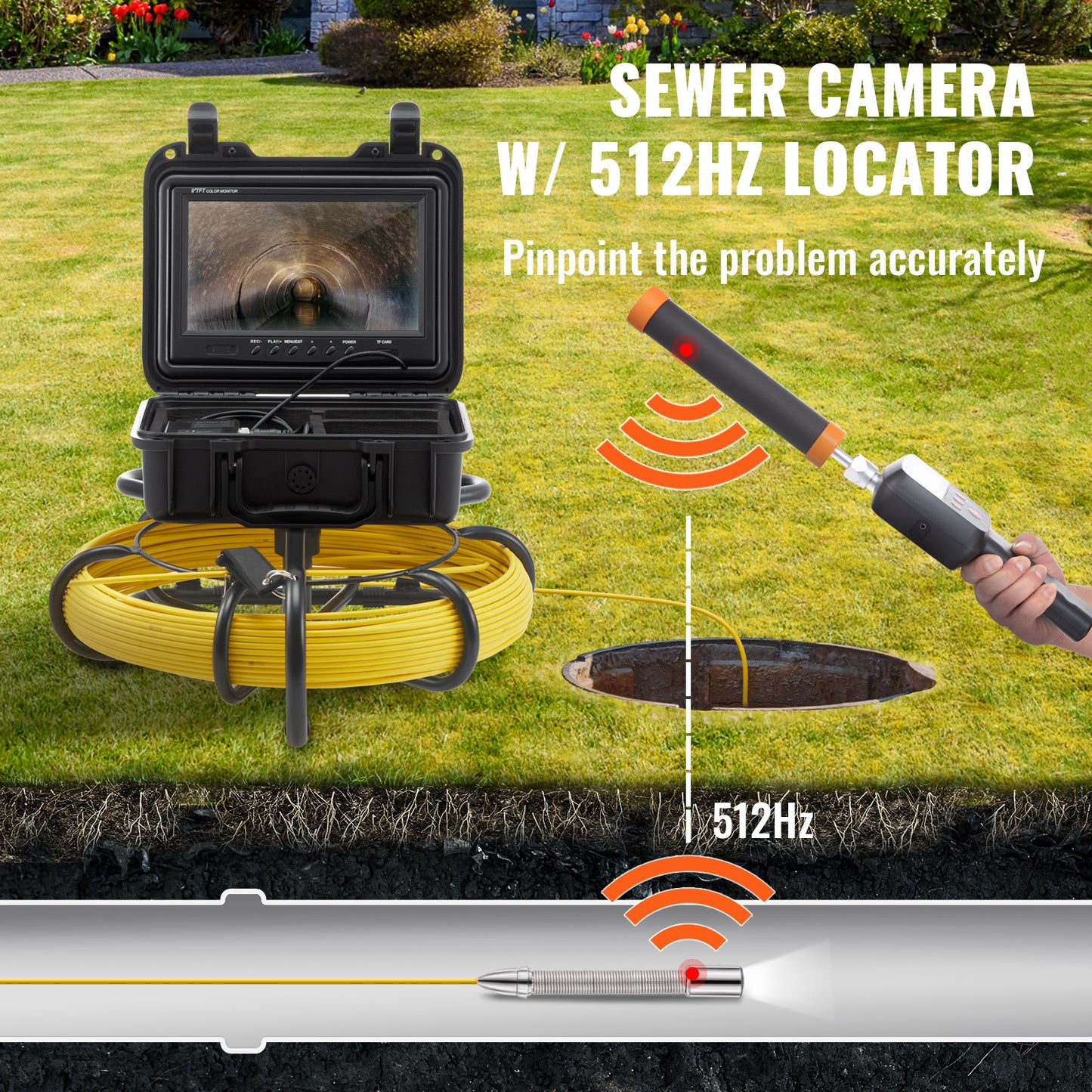 Rioolcamera – Inspectiecamera – Pijpencamera – Afvoerinspectie – Kabelcamera – 50 Meter Kabel – 9 Inch 720p Scherm – 512Hz Sonde Locator