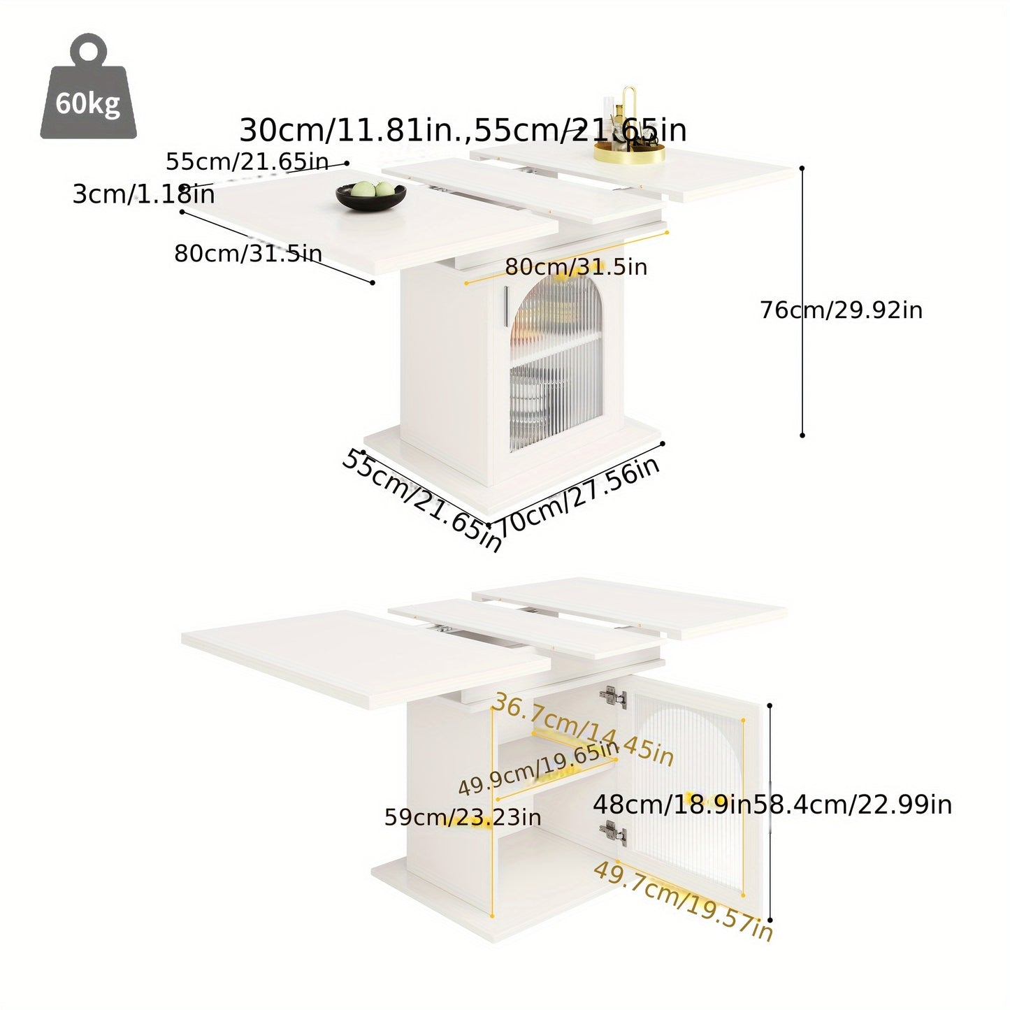Uittrekbare Eettafel – Uitklaptafel – Klaptafel – Keukentafel – Tafel Met Opbergruimte – Wit – 140x80 cm – Drie Opslagniveaus