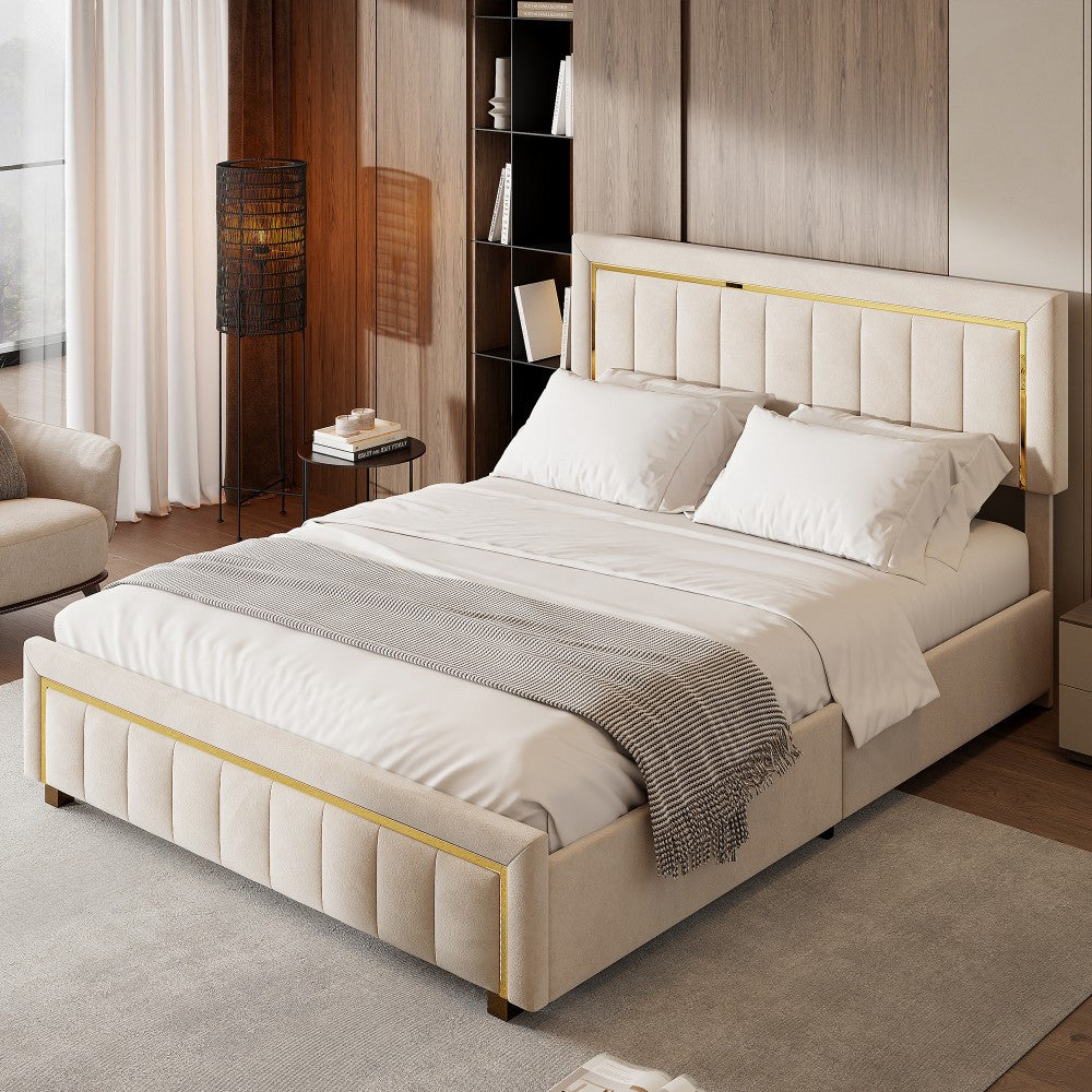 Bedframe – Bed – Bedstead – Slaapbed – Boxspring – Beige Fluwelen Bekleding – 160x200 cm – Stevige MDF Houten Constructie – Gepolsterd Hoofdbord Met Bloemmotief