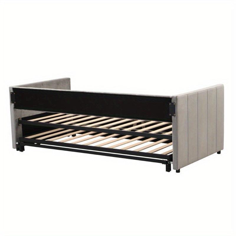 Uitschuifbare Gestoffeerde Slaapbank – Slaapbank – Divanbed – Bankbed – Logeerbed – Lichtgrijs – 90x200 tot 180x200 cm – Lattenbodem geïntegreerd