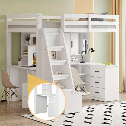 Hoogslaper – Stapelbed – Bedbank – Kinderbed – Eenpersoonsbed – Met Bureau en Opbergruimte – Stevig Wit Frame – 200 cm Hoog