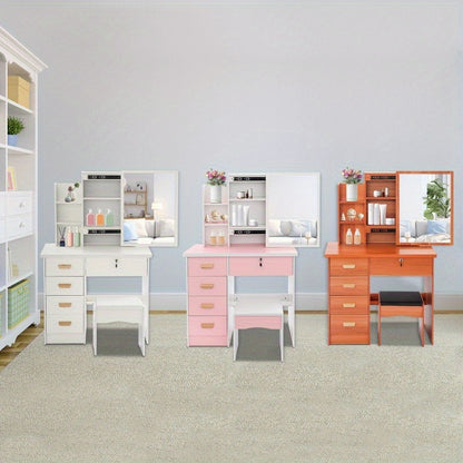 kaptafel – make-up tafel – cosmetische tafel – dressing table – toilettafel – modern roze-witte kaptafel – 5 lades & opbergruimte – stevig MDF fiberboard design
