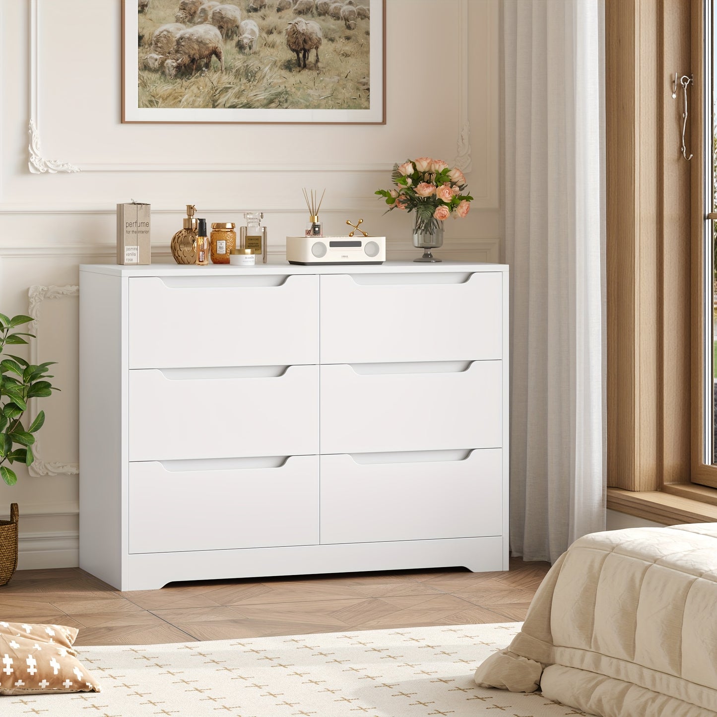 6-Drawer Kealive Tall Dresser | Modern White Chest of Drawers, Storage Cabinet for Living Room, Bedroom, Hallway, Made of Hardwood and Particle Board, 108 x 82.5 x 39 cm